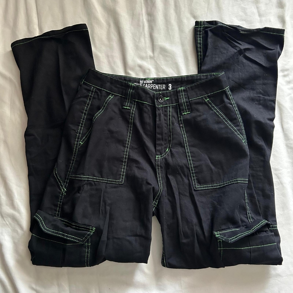 🕷 EMO BLACK RAVE NEON GREEN STITCHING PANTS